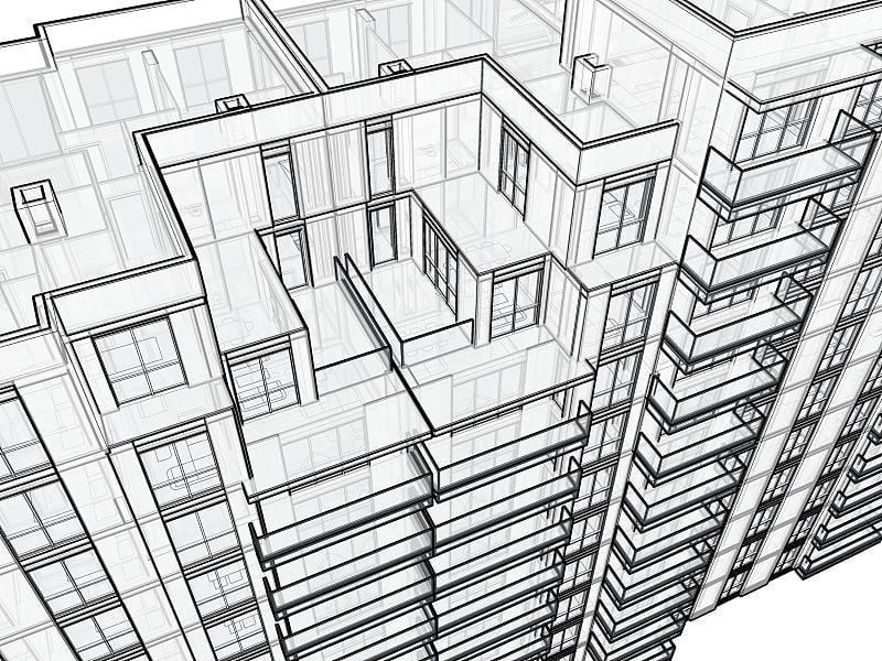 一个住宅区的3D插图近距离。向下看的架构透视图。