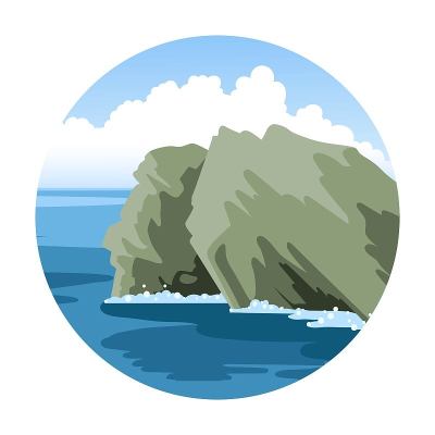 有岩石和海泡沫的海景，大片蓬松的云。