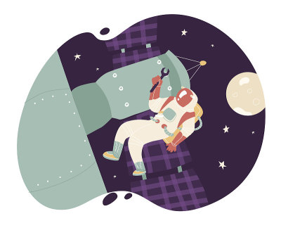 宇航员用扳手修理空间站。宇宙探索，恒星旅行，宇宙。平面风格的矢量插图。空间技术，扫描仪，履带式机器，