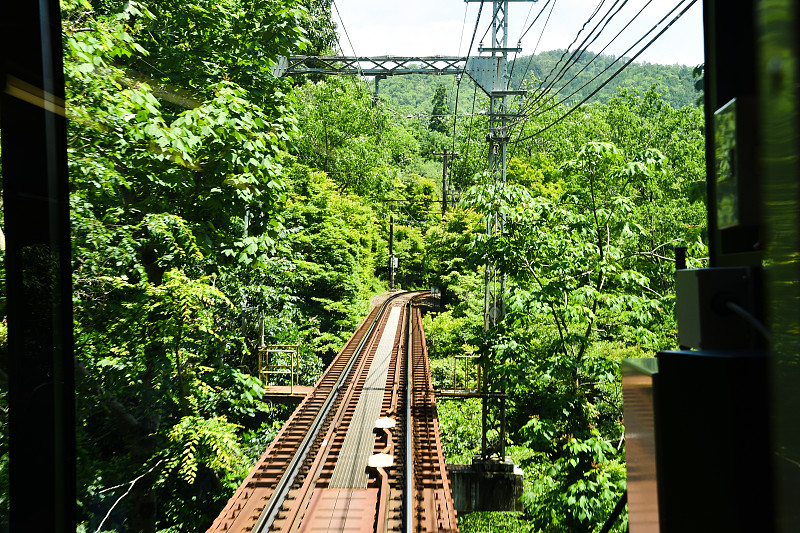 翠绿的艾山电力铁路，京都，日本