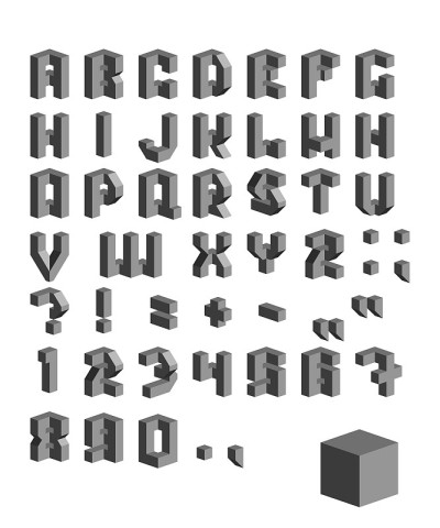 矢量等距3d字体。字母、数字和标点符号的灰度集合