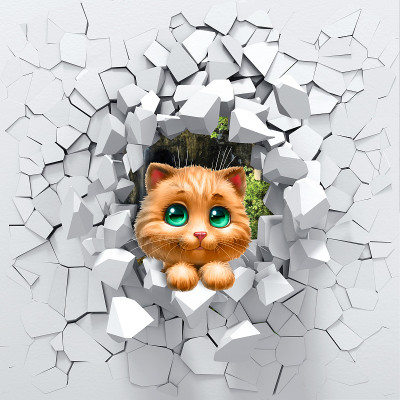 3d渲染，小猫在破坏的墙壁