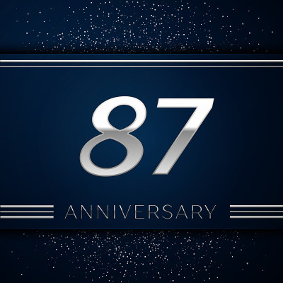 现实主义87周年庆典。蓝色背景上的银色数字和银色纸屑。彩色矢量模板元素为您的生日派对