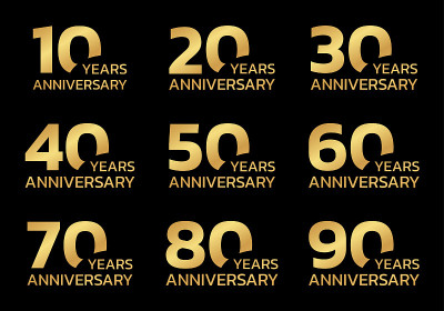 周年纪念日。生日徽章或标志收集与10,20,30,40,50,60,70,80,90年庆祝。矢量插图