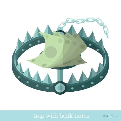 Flat icon trap with bank note isolated on white