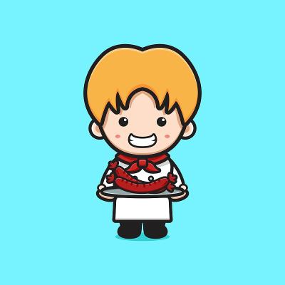 可爱的厨师拿着香肠盘子卡通图标插图。