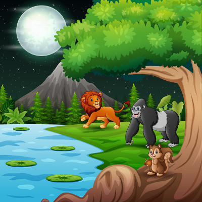 美丽的夜景，湖边有狮子和大猩猩