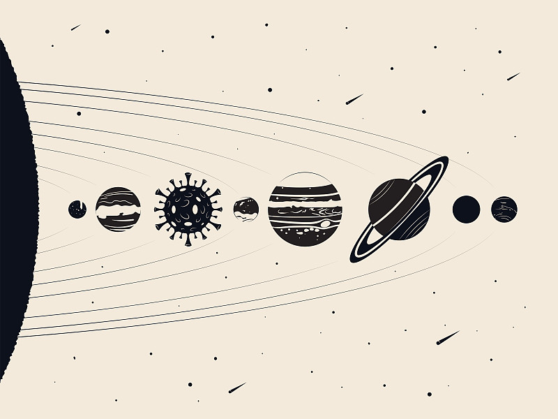 复古卡通太阳系行星。地球看起来像冠状病毒分子(Covid-19)。