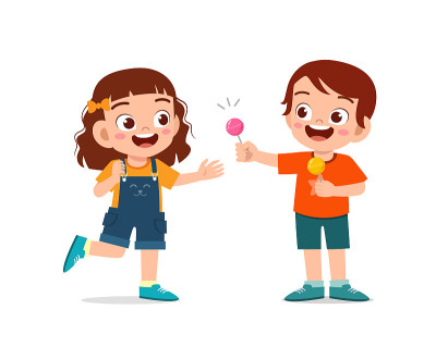 happy cute little kid boy and girl sharing food to