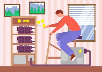 这个人坐下来，把采矿农场变成了比特币。彩色矢量平面卡通插图。