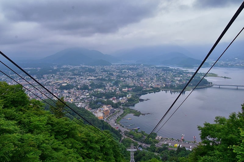 日本富士山周围的景色，包括川口千子公园，湖上的渡轮和贡多拉观察。亚洲。