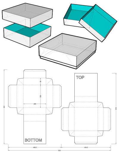 巧克力盒(内部尺寸20x20x6cm)和模切图案。易于组装，不需要胶水。eps文件具有完整的规模和功