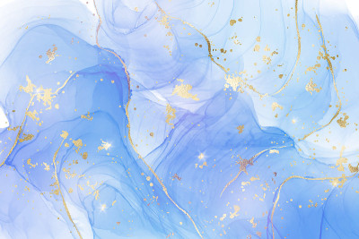 紫青蓝液体水彩背景与金色污渍。青色淡紫色大理石醇墨绘画效果。矢量插图设计模板婚礼邀请，菜单，rsvp