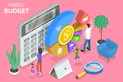 家庭预算管理的三维等距平面矢量概念插图。