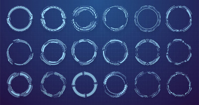 圆HUD元素的UI, UX, GUI, FUI。设置抽象数字圆形形状。在孤立的蓝色背景上圈科幻元素。