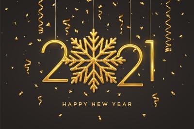 Happy New 2021 Year. Hanging Golden metallic numbe