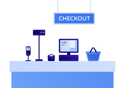 自助结帐杂货店亭的概念。矢量平面插图。一套数字收银、电子pos、扫描仪等设备。设计元素超市广告，网页