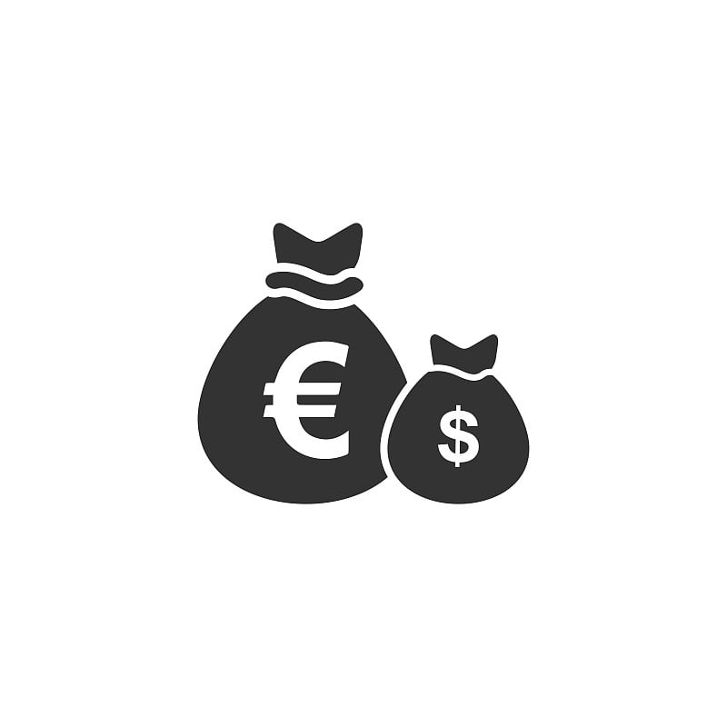 Money Bags with currency symbols icon flat