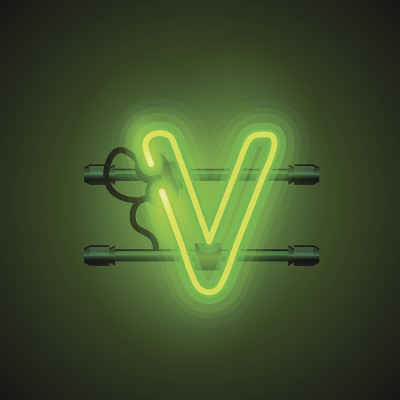 霓虹字体字母v，艺术设计板。