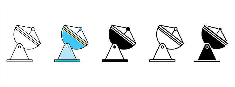 抛物线天线图标向量集。抛物线无线电天线信号矢量图。广播插图。
