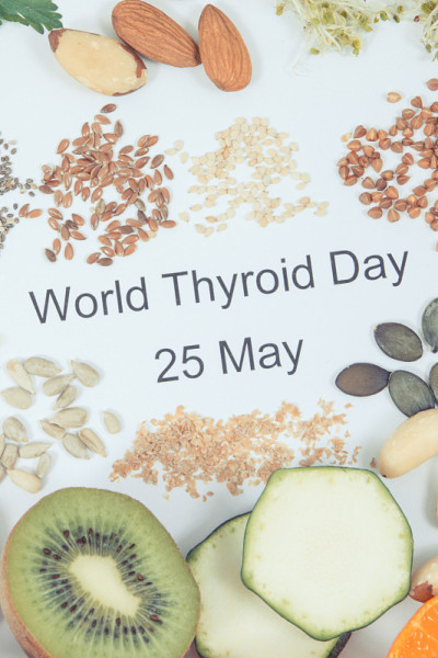 5月25日世界甲状腺日，健康甲状腺的最佳成分。白色背景