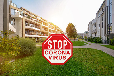 冠状病毒/ Covid-19危机，隔离期间待在家中，在有公寓楼的居民区办公