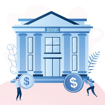 Classical bank building and businessmen pay loans