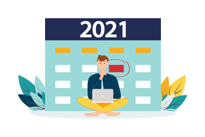 矢量插图。人类角色在平板电脑上组成在线时间表。2021年的计划。设计商业图形，计划每周的任务-向量。