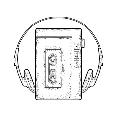 复古的录音带。复古矢量黑色版画插图