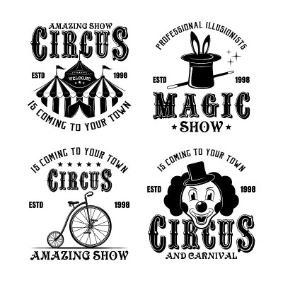 Circus show set of four vector monochrome emblems,
