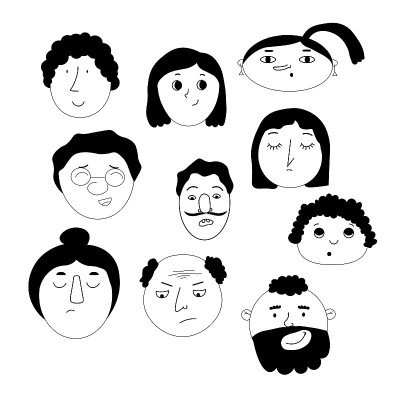 一组卡通面孔。有趣的人类性格。主管人图标