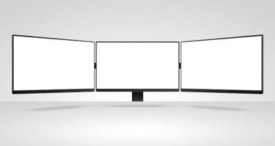 三个面板的电脑显示器模型与白色的空白屏幕