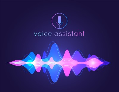 语音助手声波。麦克风语音控制技术，语音和声音识别。矢量AI辅助背景