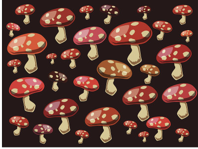 蘑菇图案在深棕色的背景，矢量插图。