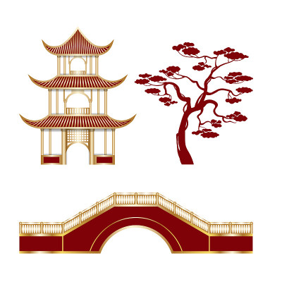 孤立的东方景观元素庙、树和桥。中国新年或中秋节背景的装饰元素。
