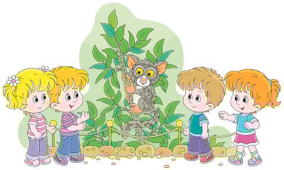 孩子们在动物园里看一只菲律宾眼镜猴