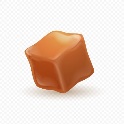 现实的焦糖。3D牛奶太妃方块。孤立的糖果或配料，甜配料。透明背景上的方形糖果。不健康的食物，含糖的食