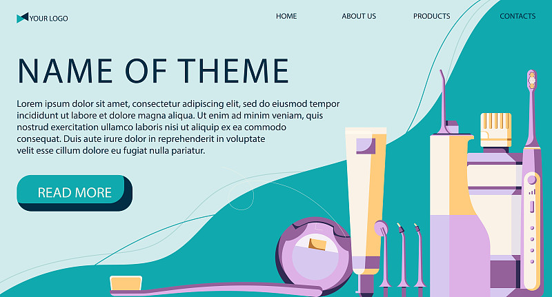 带有牙科工具和器械的着陆页。口腔供应在一个平面风格孤立在一个白色的背景。