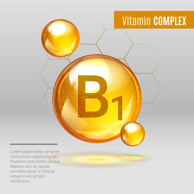 维生素B1金色闪光丸胶囊图标。化学配方维生素复合物，B族，硫胺素。闪亮的金色物质滴。医疗保健广告，矢