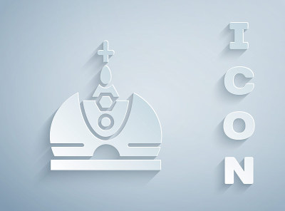 Paper cut King crown icon isolated on grey backgro