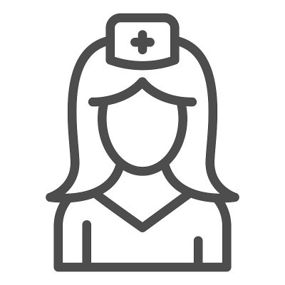 护士线图标，医学概念，白色背景上的医务人员标志，女性在医疗制服图标轮廓风格的移动概念和网页设计。矢量