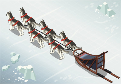 冰上后视图中的等距雪橇狗