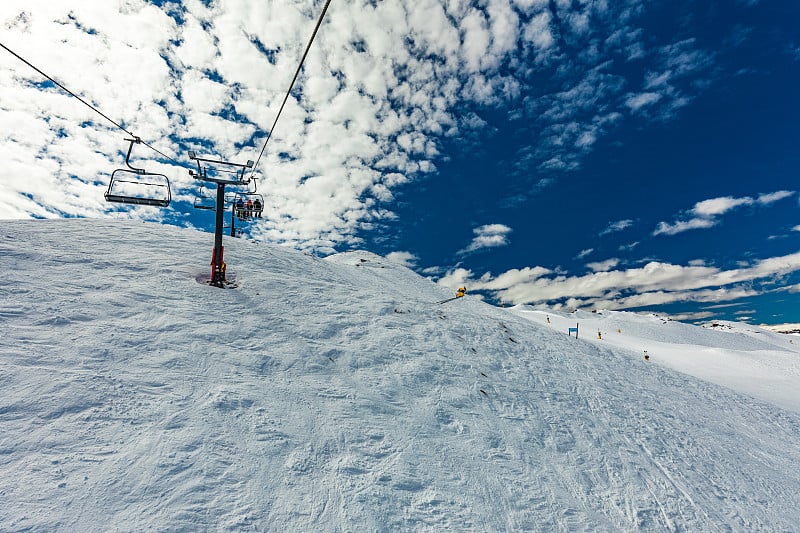 新西兰山全景和滑雪斜坡从皇冠峰滑雪胜地，皇后镇