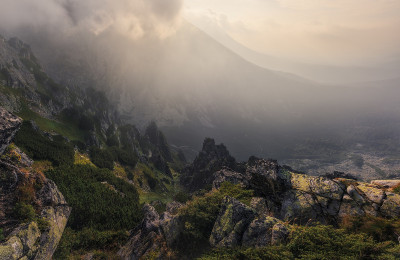 斯洛伐克。Tatras高。早上在山上，我是普雷登·索利斯科