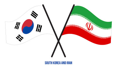 韩国和伊朗的旗帜交叉挥舞。官方的比例。正确的颜色。