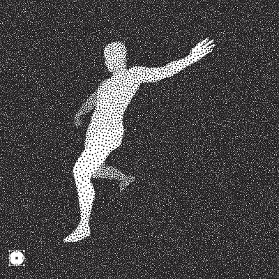 足球运动员。3D模型的人。黑白颗粒点状设计。点画矢量插图。
