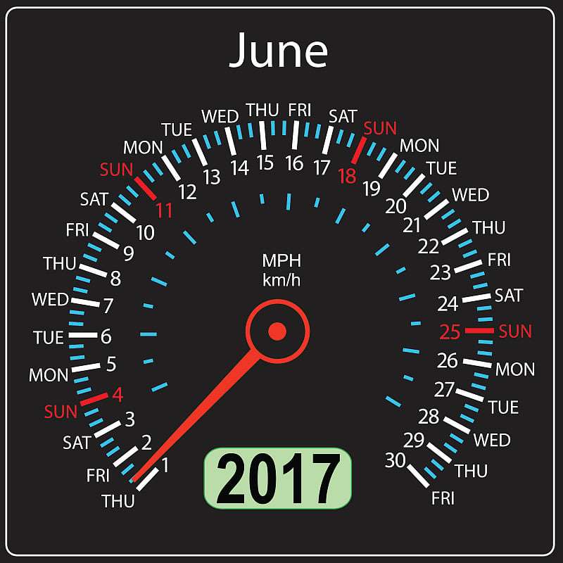 2017年历法车速计车在矢量。6月