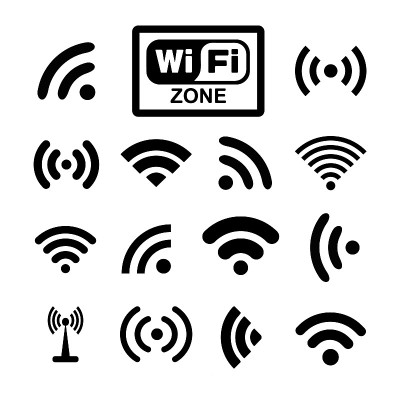 集合十二个不同的黑色矢量无线和wifi图标