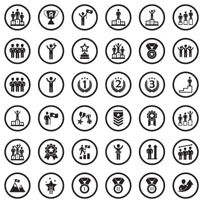 排名和成就图标。圆形黑色平面设计。矢量插图。
