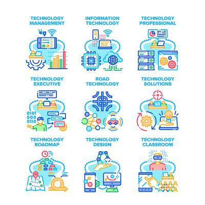 技术解决方案集图标矢量插图